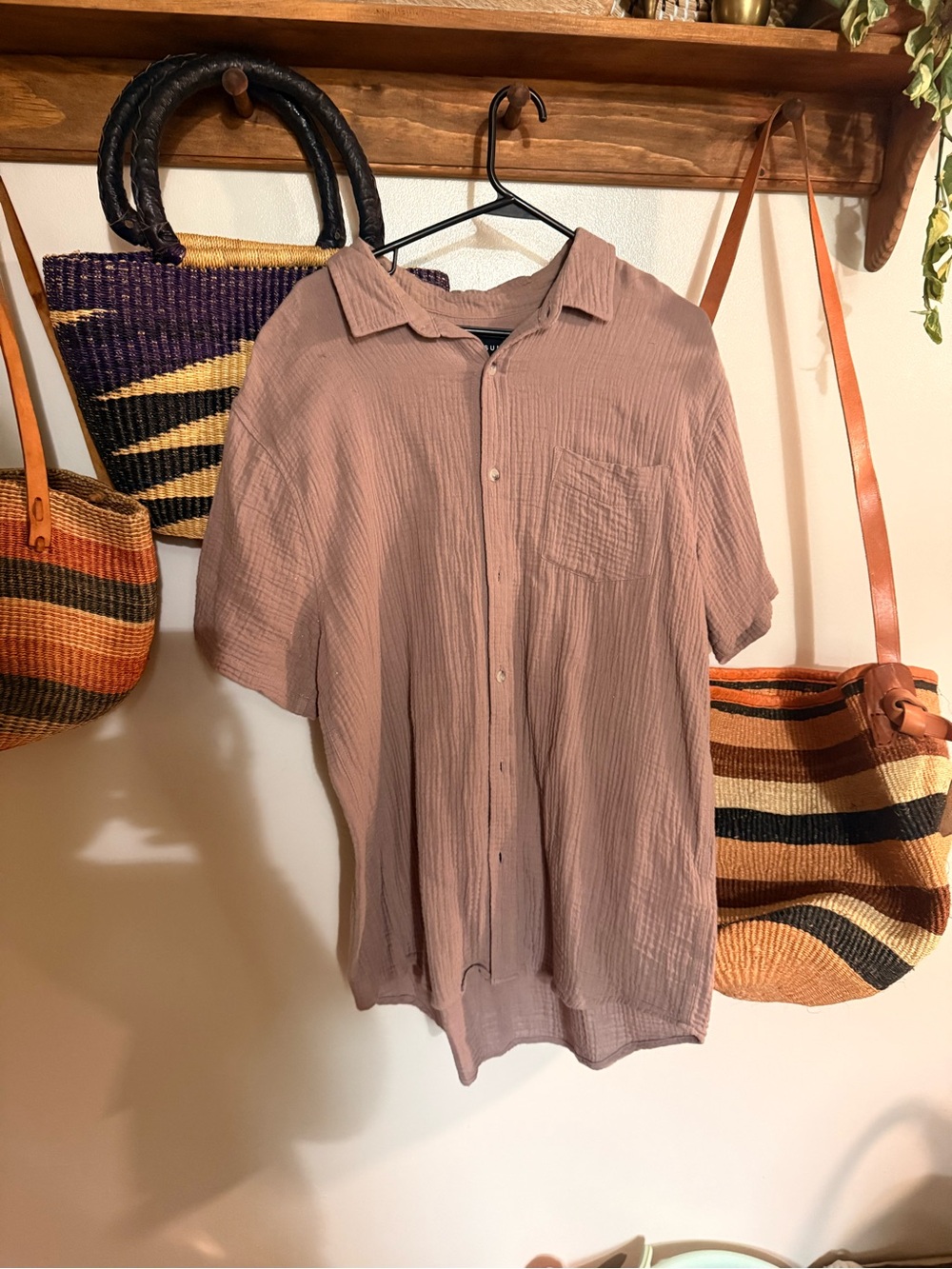 Casual Short-Sleeve Button-Up Shirt — Taupe 100% cotton